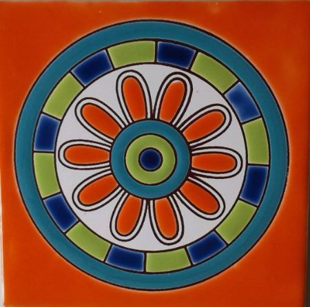 Azulejo Pintado A Mano Mandala En Circulo 15 X 15 Cm. Pared O Piso